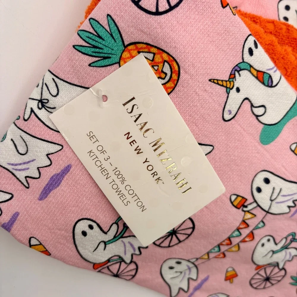 Isaac Mizrahi Summerween Halloween Ghost Kitchen Towels Set Pink‎ Orange Cotton